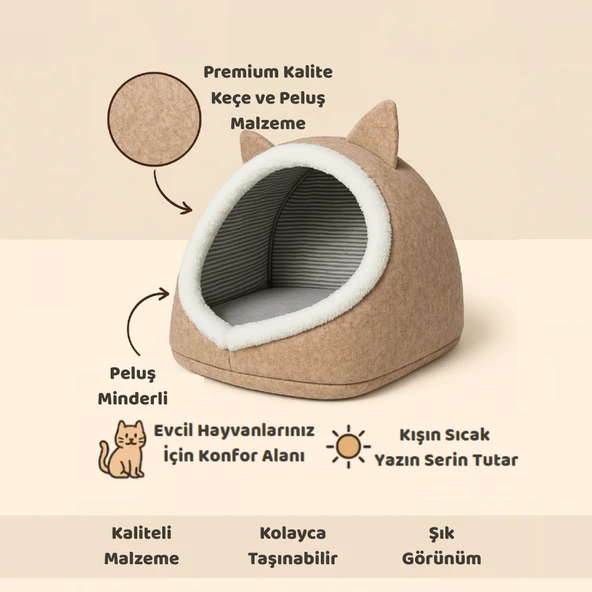 Kedi Evi Köpek Evi Evcil Hayvan Yatağı 40x35x34 Cm Katlanabilir Keçe Yuva Krem - 2