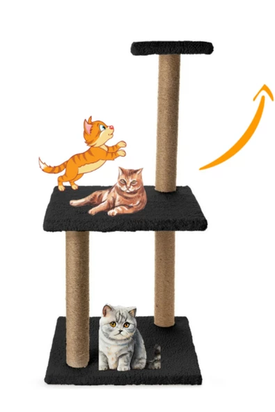 3Lü Kedi Tırmalama Tahtası Peluş Kumaş Demonte 84 cm Yükseklik 3 Adımlı Zıplama Oyunu (Siyah) - 5