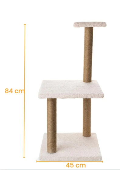 3Lü Kedi Tırmalama Tahtası Peluş Kumaş Demonte 84 cm Yükseklik 3 Adımlı Zıplama Oyunu (Krem) - 7