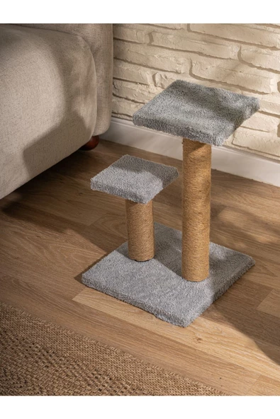 2 li Kedi Tırmalama Tahtası Peluş Kumaş Silinebilir Demonte 42cm 2 Adımlı Zıplama ve Tırmalama (Gri) - 2