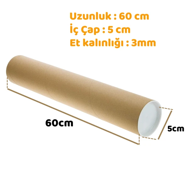 Postüp Kapaklı Silindir Kutu Karton Rulo Gönderi Poster Afiş Harita Tüpü Masura 5 Adet 5 Cm X 60 Cm - 4