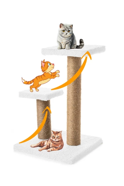 2 li Kedi Tırmalama Tahtası Peluş Kumaş Silinebilir Demonte 42cm 2 Adımlı Zıplama ve Tırmalama Beyaz - 5