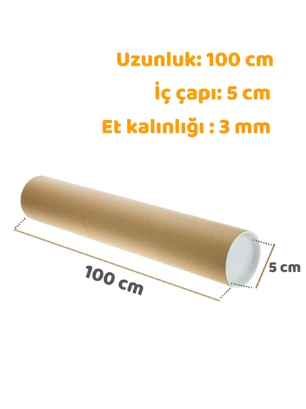 Postüp Kapaklı Silindir Kutu Karton Rulo Gönderi Poster Afiş Harita Tüpü 5 Adet 5 Cm X 100 Cm - 5