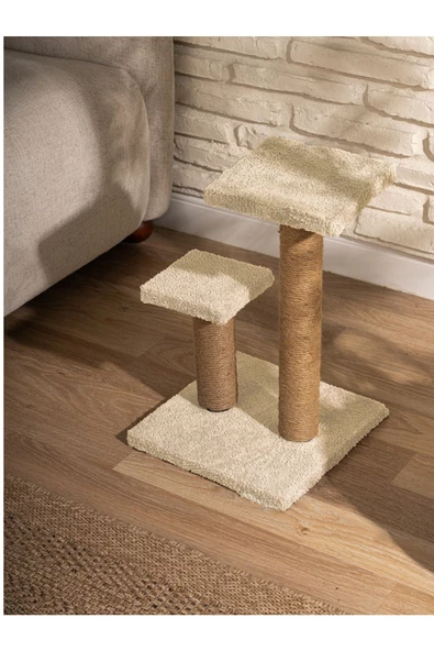 2li Kedi Tırmalama Tahtası Peluş Kumaş Silinebilir Demonte 42cm 2 Adımlı Zıplama ve Tırmalama (Krem) - 2