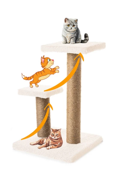2li Kedi Tırmalama Tahtası Peluş Kumaş Silinebilir Demonte 42cm 2 Adımlı Zıplama ve Tırmalama (Krem) - 5