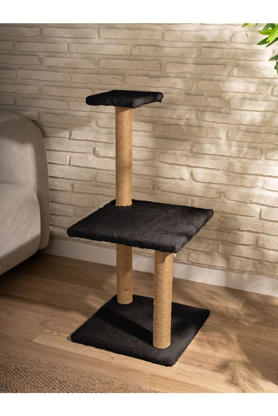3Lü Kedi Tırmalama Tahtası Peluş Kumaş Demonte 84 cm Yükseklik 3 Adımlı Zıplama Oyunu (Siyah) - 2