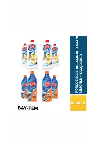 Porçöz  4 Adet 675 ml Elde Bulaşık Deterjanı Limon + 4 Adet 1000 ml Ekstra Güçlü Yağ Çözücü