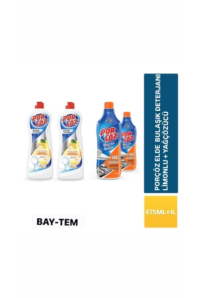 Porçöz  2 Adet 675 ml Elde Bulaşık Deterjanı Limon + 2 Adet 1000 ml Ekstra Güçlü Yağ Çözücü