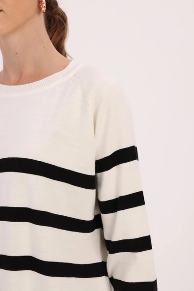 Ekru-Siyah-Basic Çizgili Bisiklet Yaka Tunik - Resim 5