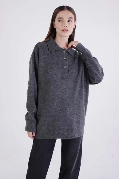 Füme-Polo Yaka Likralı Triko Kazak