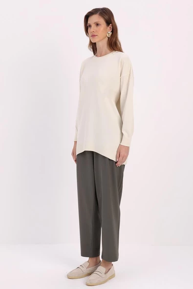 Ekru-Manşeti Duble Katlamalı Triko Tunik - 3