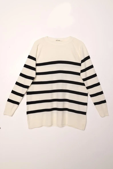 Ekru-Siyah-Basic Çizgili Bisiklet Yaka Tunik - Resim 6