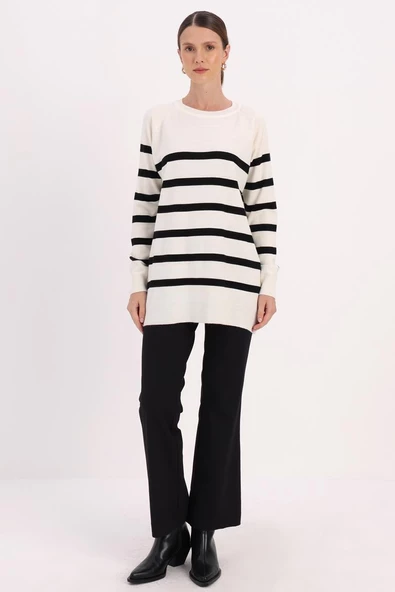 Ekru-Siyah-Basic Çizgili Bisiklet Yaka Tunik - Resim 2
