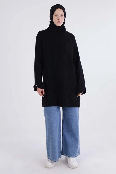 Siyah-Balıkçı Yaka Reglan Kol Triko Tunik - 2