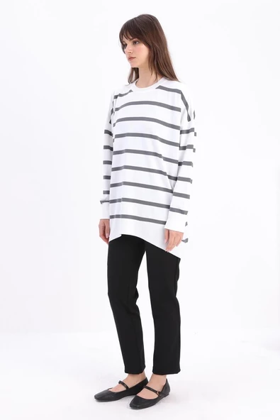 Ekru-Gri-Bisiklet Yaka Çizgili Triko Tunik - 3