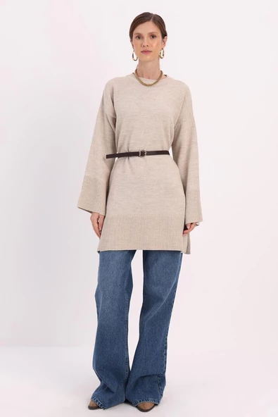 Taş-Oversize Yanları Yırtmaçlı Triko Tunik - Resim 2