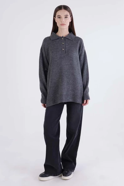 Füme-Polo Yaka Likralı Triko Kazak - 2