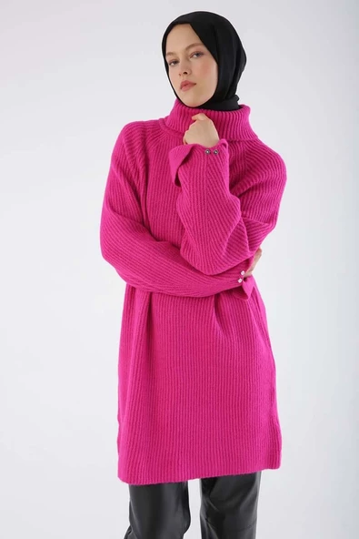 Fuşya-Balıkçı Yaka Reglan Kol Triko Tunik - Resim 6