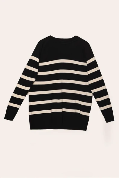 Siyah-Ekru-Basic Çizgili Bisiklet Yaka Kazak - 6