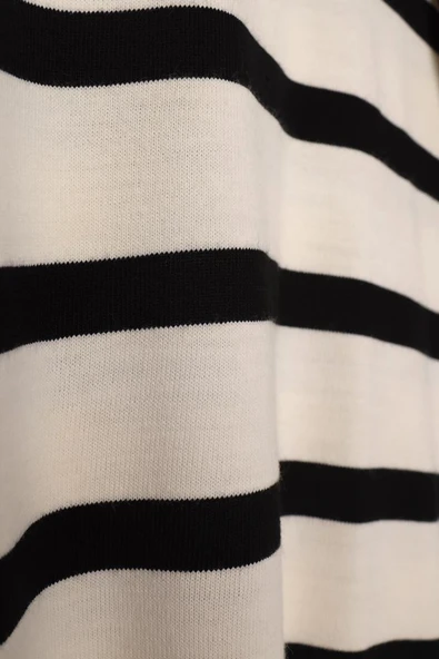 Ekru-Siyah-Basic Çizgili Bisiklet Yaka Tunik - Resim 7