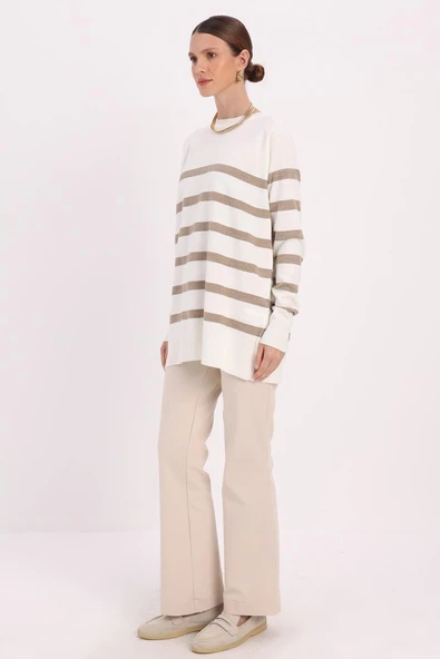 Ekru-Bej-Basic Çizgili Bisiklet Yaka Tunik - Resim 3