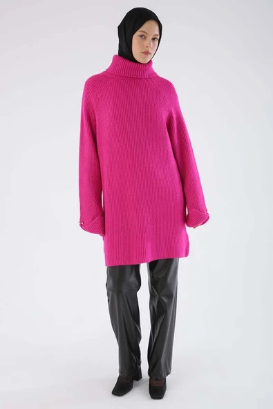 Fuşya-Balıkçı Yaka Reglan Kol Triko Tunik - Resim 3