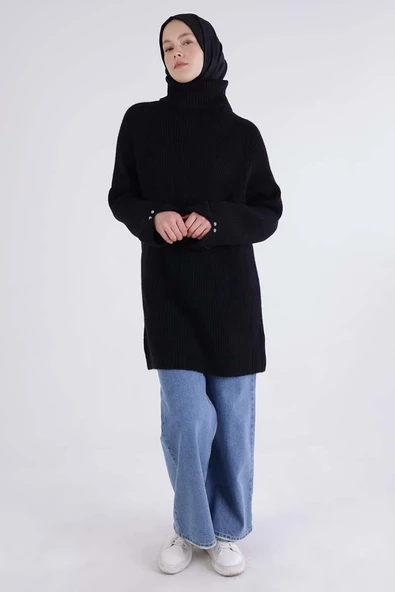 Siyah-Balıkçı Yaka Reglan Kol Triko Tunik