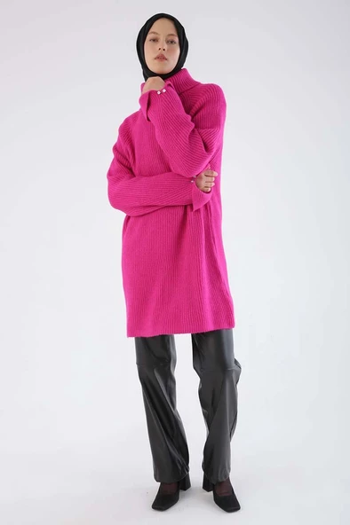 Fuşya-Balıkçı Yaka Reglan Kol Triko Tunik - Resim 2