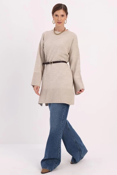 Taş-Oversize Yanları Yırtmaçlı Triko Tunik - Resim 3