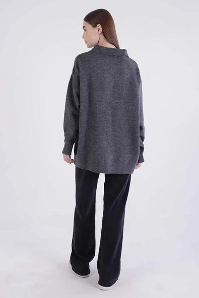 Füme-Polo Yaka Likralı Triko Kazak - 4