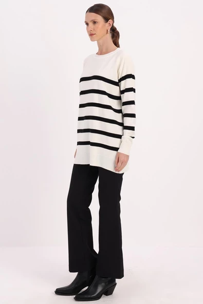Ekru-Siyah-Basic Çizgili Bisiklet Yaka Tunik - Resim 3