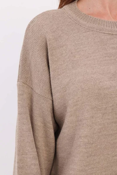 Bej-Oversize Yanları Yırtmaçlı Triko Tunik - Resim 5