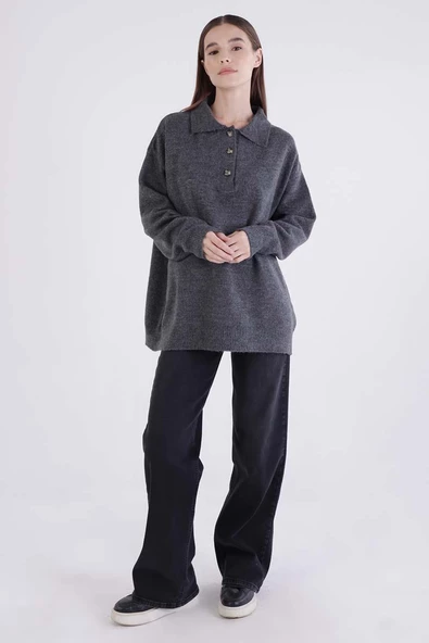 Füme-Polo Yaka Likralı Triko Kazak - 5