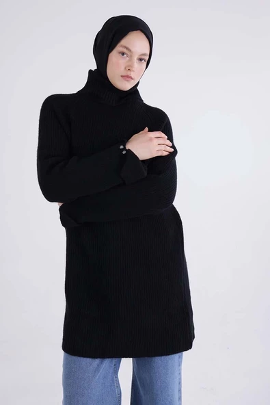 Siyah-Balıkçı Yaka Reglan Kol Triko Tunik - 5