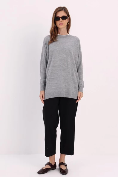 Açık Gri-Basic Reglan Bisiklet Yaka Kazak - 2