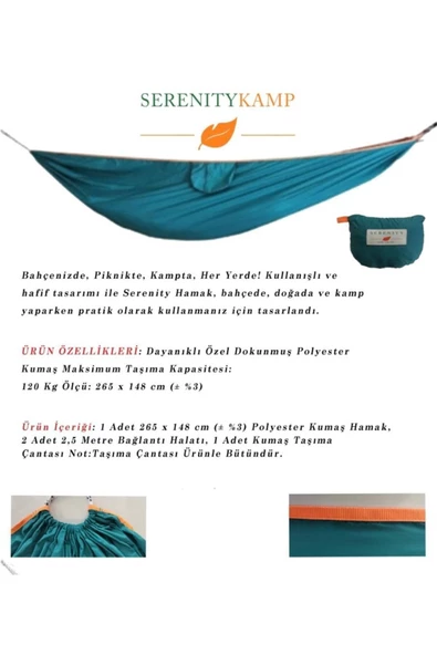 Sarelime Kamp Hamağı Salıncak Hamak Turkuaz Yeşil Renk Piknik Bahçe Balkon Outdoor Pratik Kurulum ürün görseli