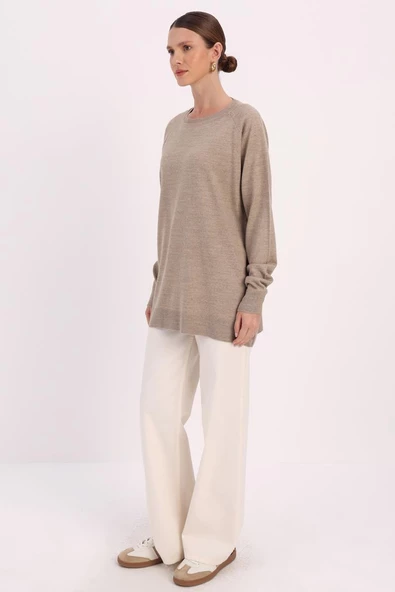 Bej-Basic Reglan Bisiklet Yaka Tunik - Resim 3