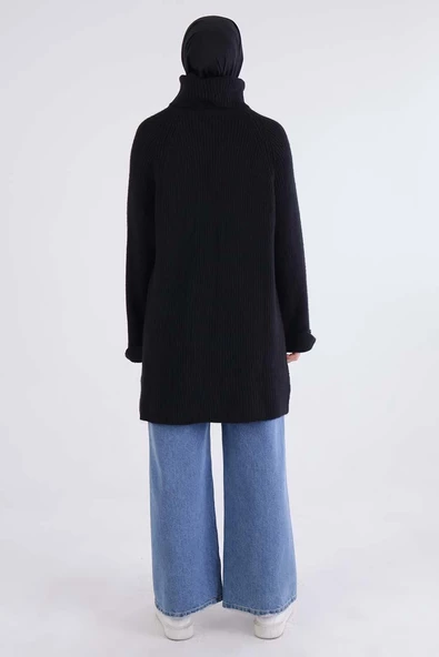 Siyah-Balıkçı Yaka Reglan Kol Triko Tunik - 4