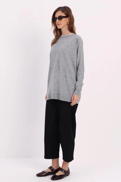 Açık Gri-Basic Reglan Bisiklet Yaka Kazak - 3