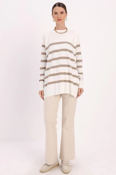 Ekru-Bej-Basic Çizgili Bisiklet Yaka Tunik - Resim 2