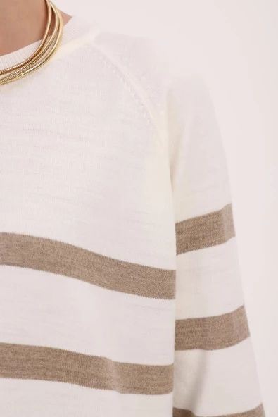 Ekru-Bej-Basic Çizgili Bisiklet Yaka Tunik - Resim 5