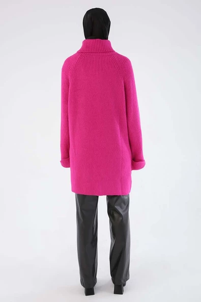 Fuşya-Balıkçı Yaka Reglan Kol Triko Tunik - Resim 5