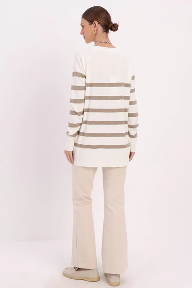 Ekru-Bej-Basic Çizgili Bisiklet Yaka Tunik - Resim 4
