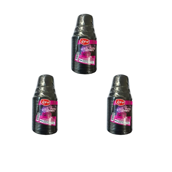 Roll-Up Party Dreams Parti Davet Piknik Renkli Plastik Sert Mika Bardak - Siyah - 25'li 3 Paket