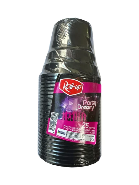 Roll-Up Party Dreams Parti Davet Piknik Renkli Plastik Sert Mika Bardak - Siyah - 25'li 5 Paket - Resim 2
