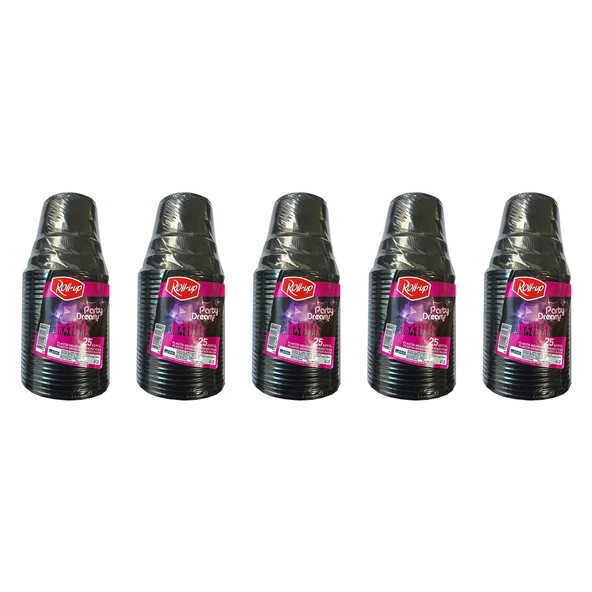Roll-Up Party Dreams Parti Davet Piknik Renkli Plastik Sert Mika Bardak - Siyah - 25'li 5 Paket