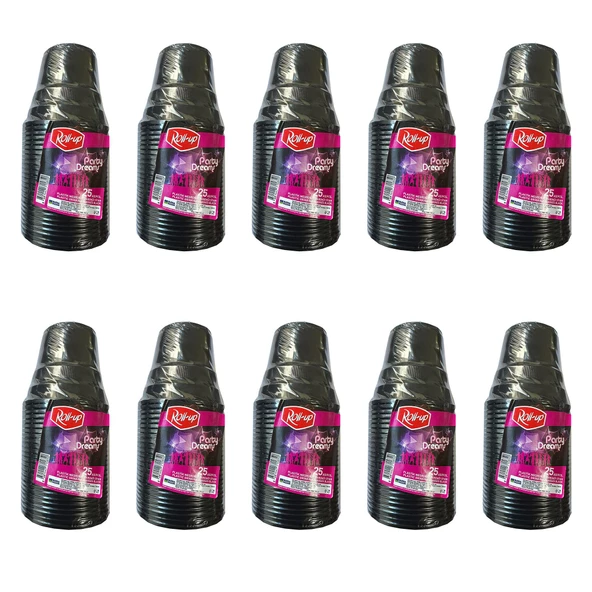 Roll-Up Party Dreams Parti Davet Piknik Renkli Plastik Sert Mika Bardak - Siyah - 25'li 10 Paket