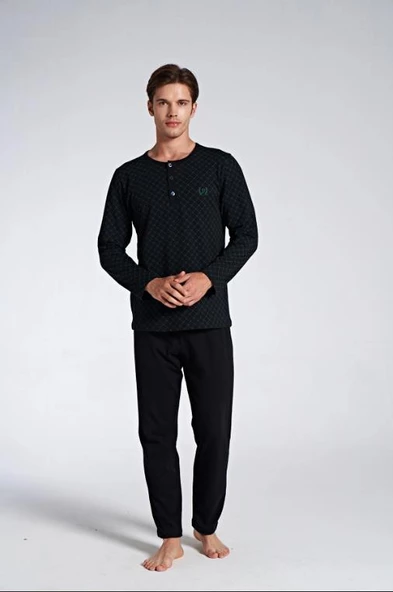 Pijadore Erkek Siyah %100 Pamuk Uzun Kollu Pamuklu Pijama Takımı 1750 - 5