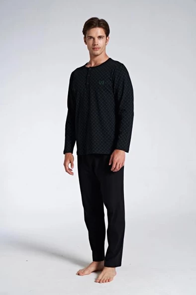 Pijadore Erkek Siyah %100 Pamuk Uzun Kollu Pamuklu Pijama Takımı 1750 - 2