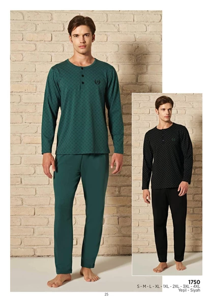 Pijadore Erkek Siyah %100 Pamuk Uzun Kollu Pamuklu Pijama Takımı 1750 - 4